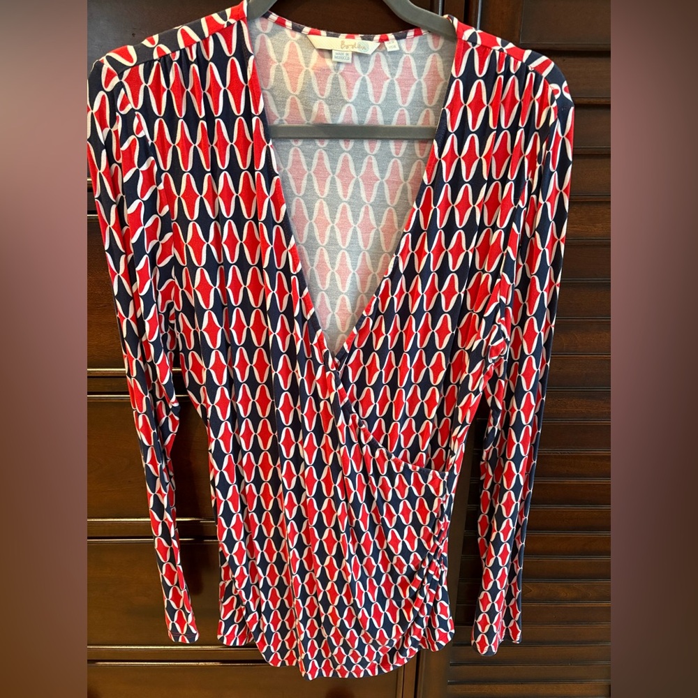Boden - Surplice/Wrap Knit Top - Red, White, Blue Geo Pattern - 14